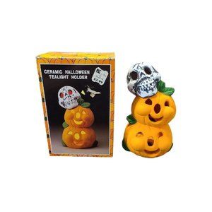 Vintage Pumpkin Time Ceramic Halloween Tealight Holder Skull Jack o' Lantern